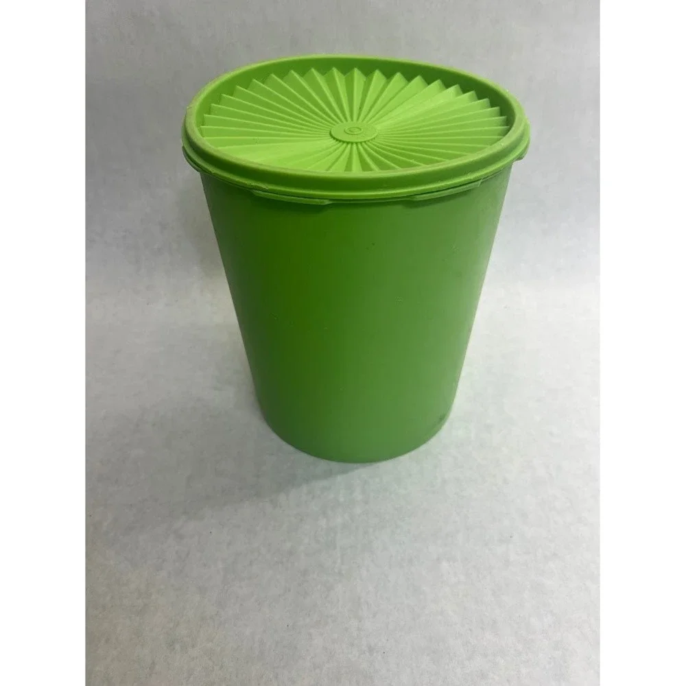 Vintage Tupperware Servalier Canister Lime Green Sunburst Lid Floral Graphic